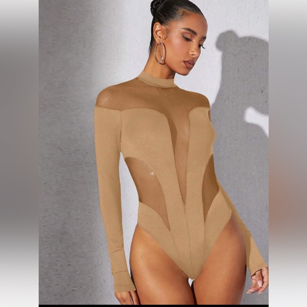 SHEIN Tan Mesh-Panel Long Sleeve Bodysuit and Matching Leggings